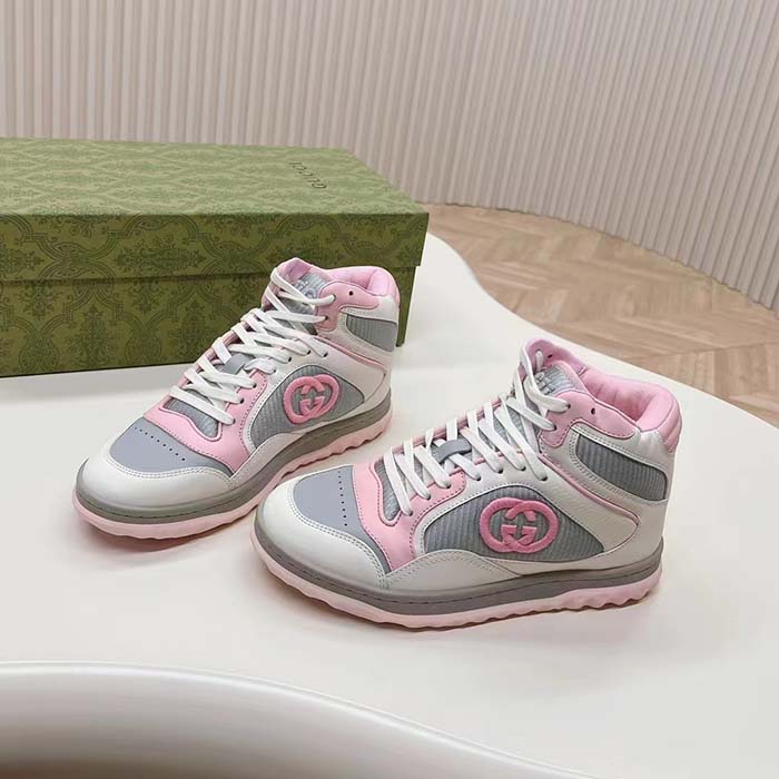Gucci Unisex Mac80 High Top Sneaker Off White Pink Leather Round Toe Rubber Sole Flat