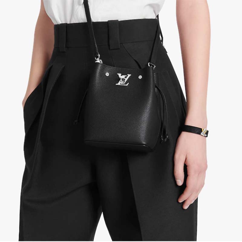 Louis Vuitton LV Women Nano Lockme Bucket Bag Black Grained Calf Leather