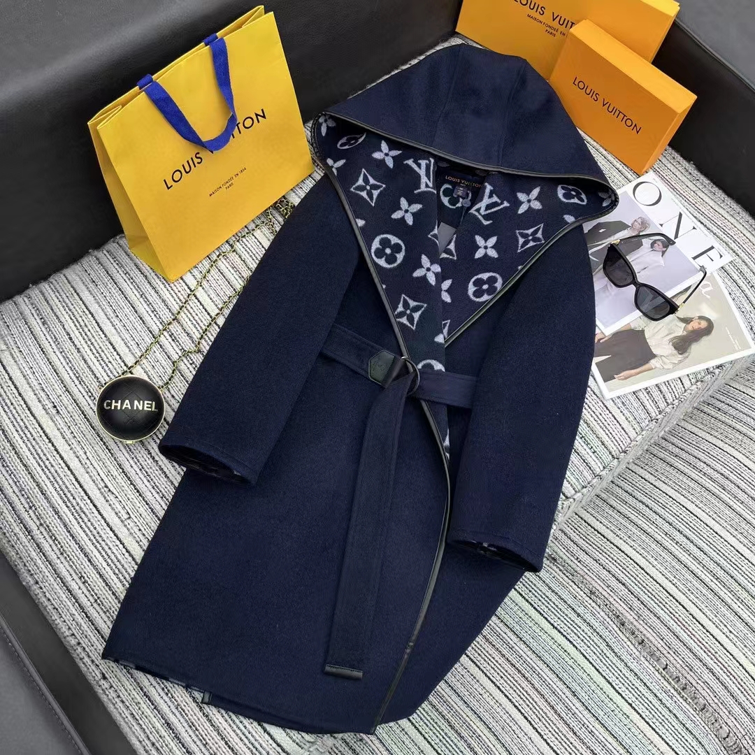 Louis Vuitton LV Women Signature Hooded Wrap Coat Wool Silk Night Blue Regular Fit