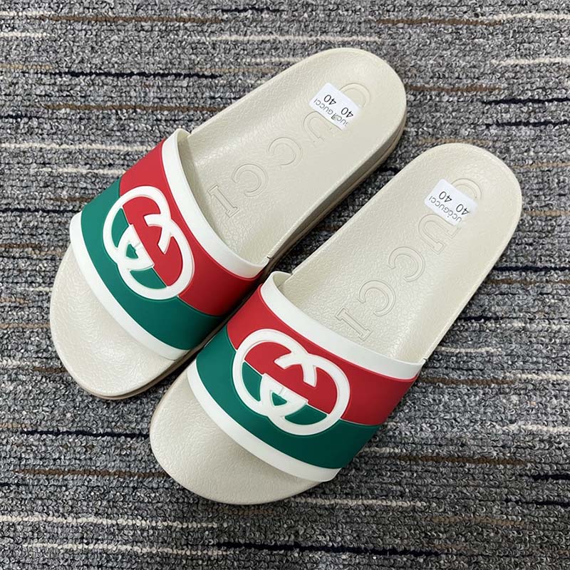 Gucci Women Interlocking G Slide Sandal Striped Rubber White Footbed Rubber Sole Flat