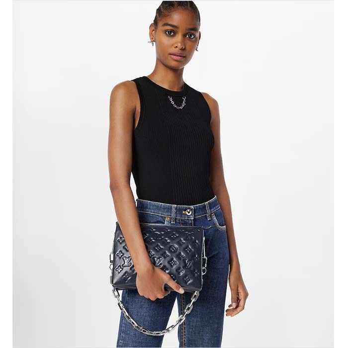 Louis Vuitton LV Women Coussin PM Handbag Marine Blue Monogram Embossed Puffy Lambskin Calfskin Leather