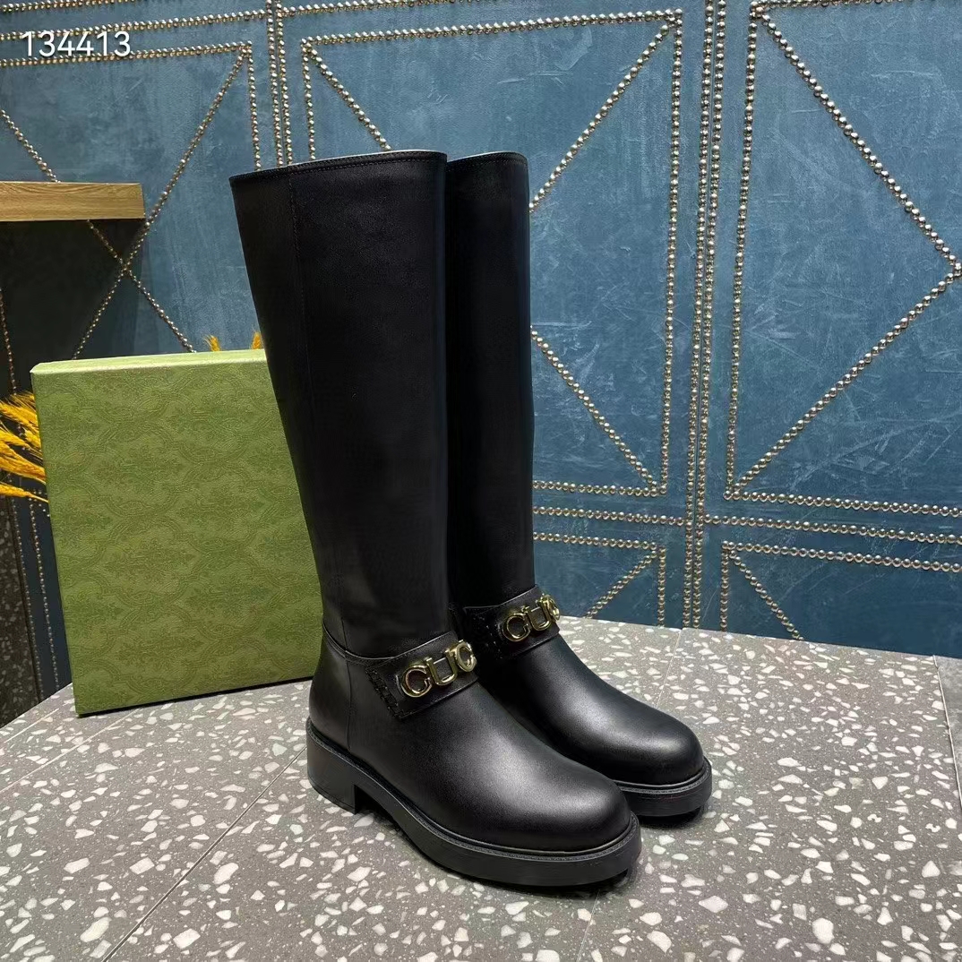 Gucci Women GG Gucci Boot Black Leather Rubber Sole Side Zip Closure Flat 2.3 CM Heel