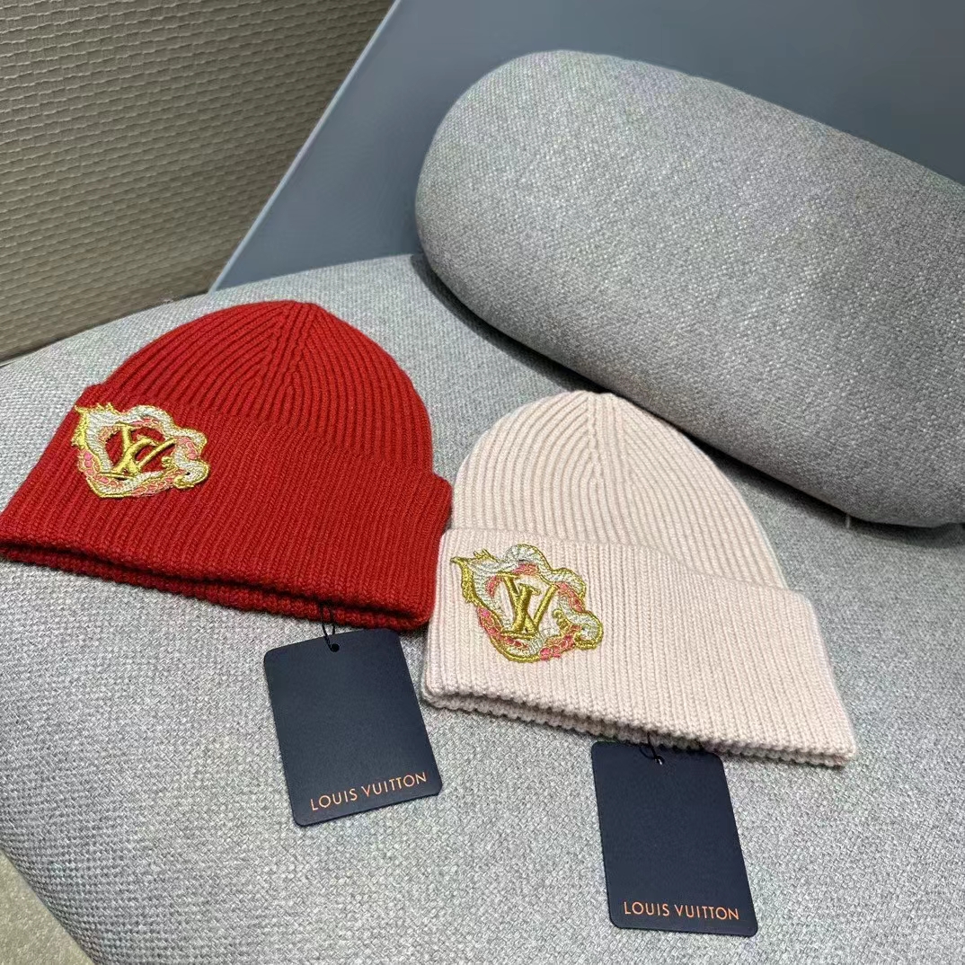 Louis Vuitton Unisex Precious Dragon Beanie Pink Wool Coiled Dragon Patch LV Signature
