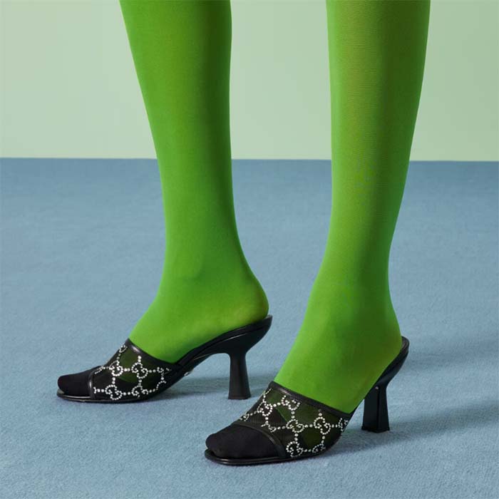 Gucci Women GG Mid Heel Slide Sandal Black GG Crystal Mesh 7.6 CM Heel