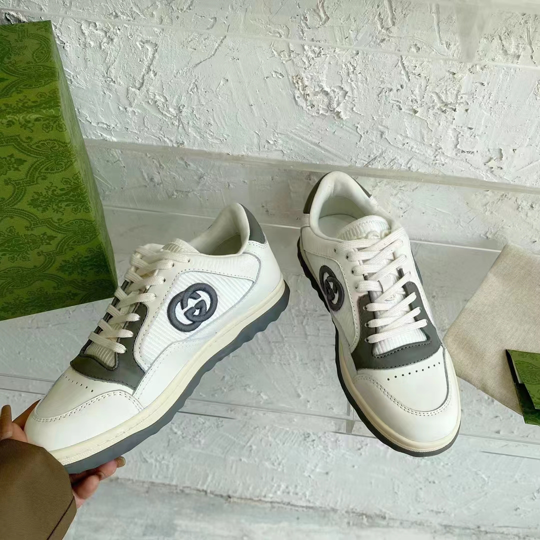 Gucci Unisex GG MAC80 Sneaker Off White Grey Leather Round Toe Rubber Flat