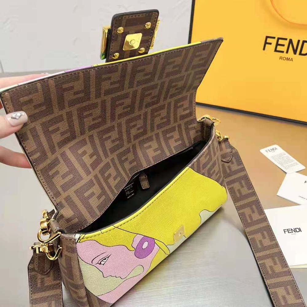 Fendi Women Baguette FF Glazed Fabric Bag with Inlay