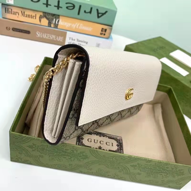 Gucci Women GG Marmont Chain Wallet White Beige Ebony GG Supreme Canvas