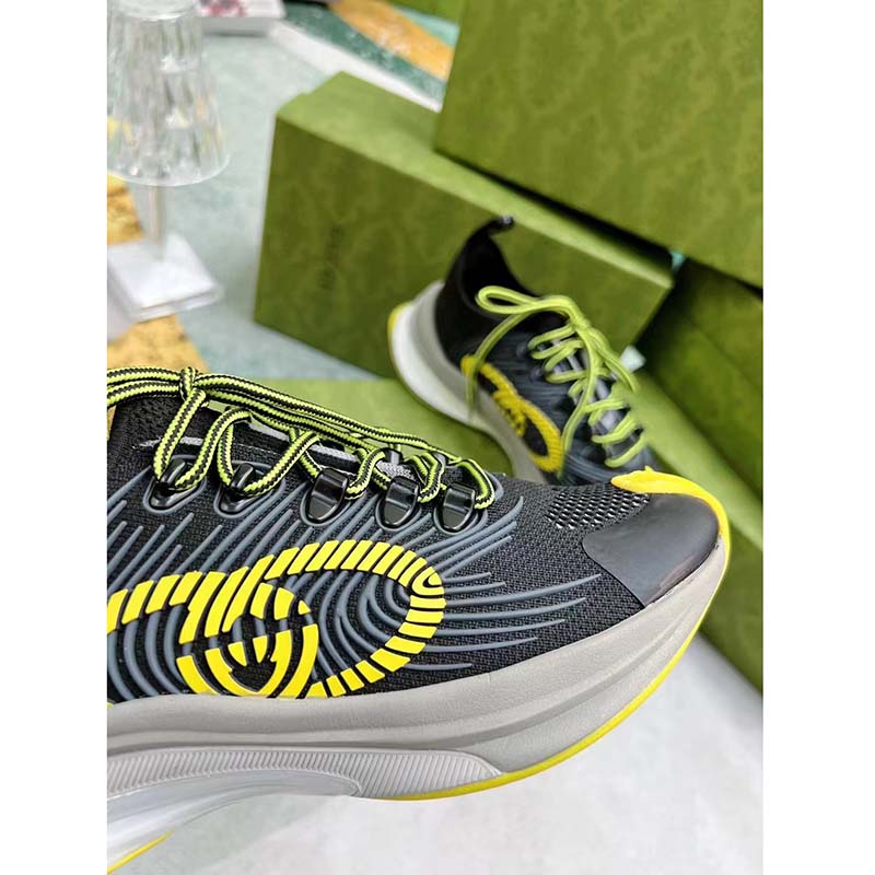 Gucci Unisex GG Run Sneaker Black Lime Technical Knit Fabric Rubber Interlocking G