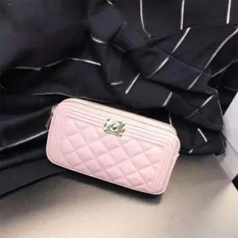 Chanel Women Boy Chanel Pink Long Zipped Wallet Grained Calfskin Leather