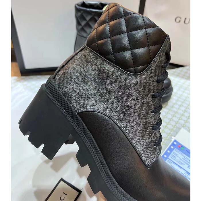 Gucci Women Ankle Boots Black GG Supreme Canvas Rubber Lace-Up High Heel