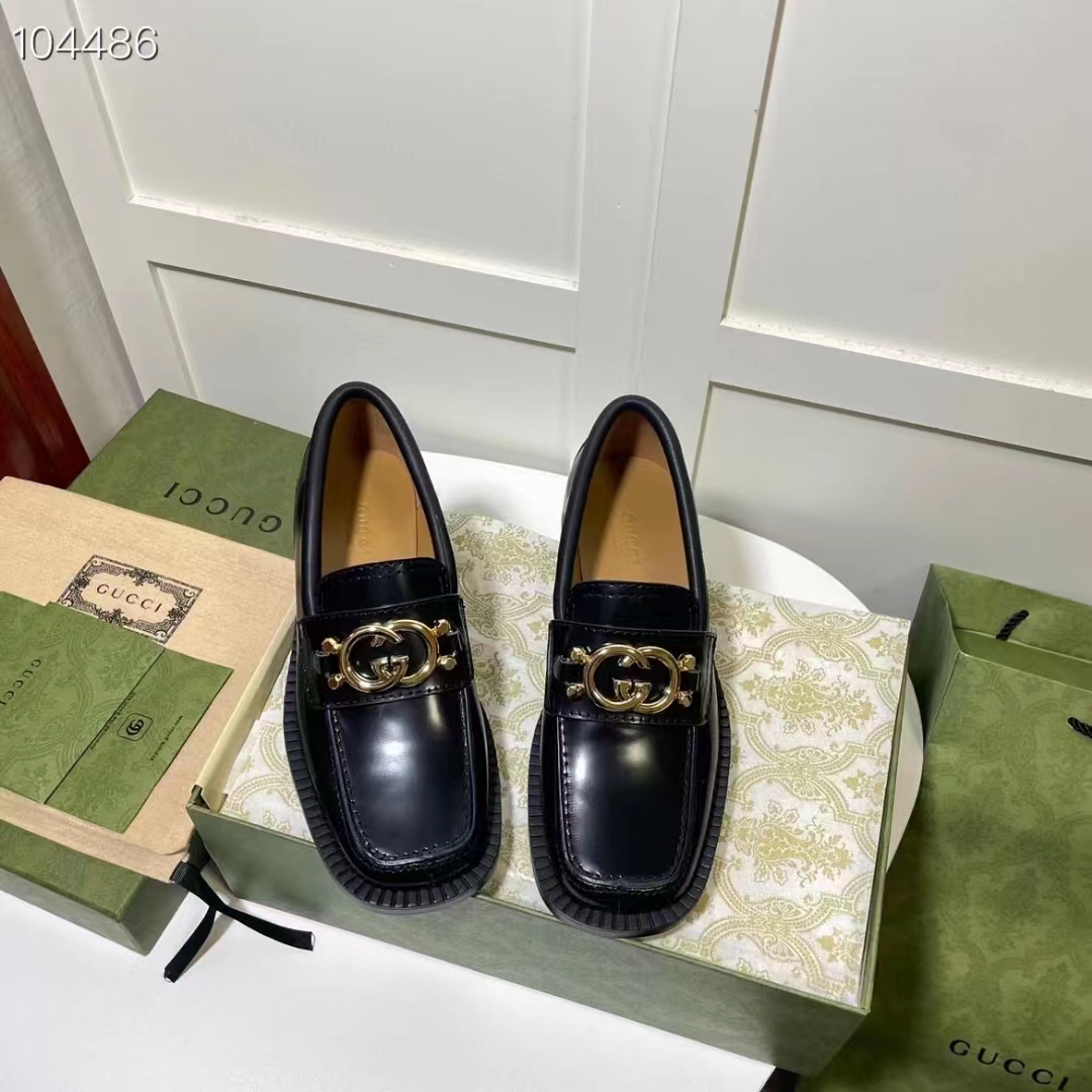 Gucci Women GG Loafer Interlocking G Shiny Black Leather Low 2.5 Cm Heel