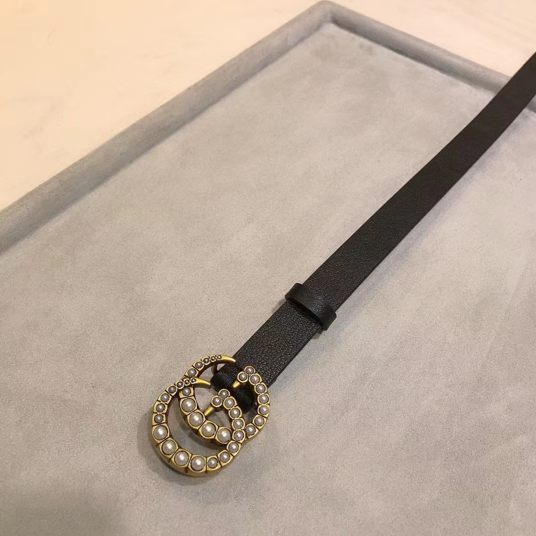 Gucci Unisex GG Leather Belt Pearl Double G Buckle Black 2 CM Width