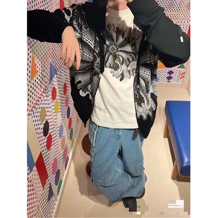 Louis Vuitton Men LV x YK Psychedelic Flower Zipped Hoodie Wool Polyamide Black White Regular Fit