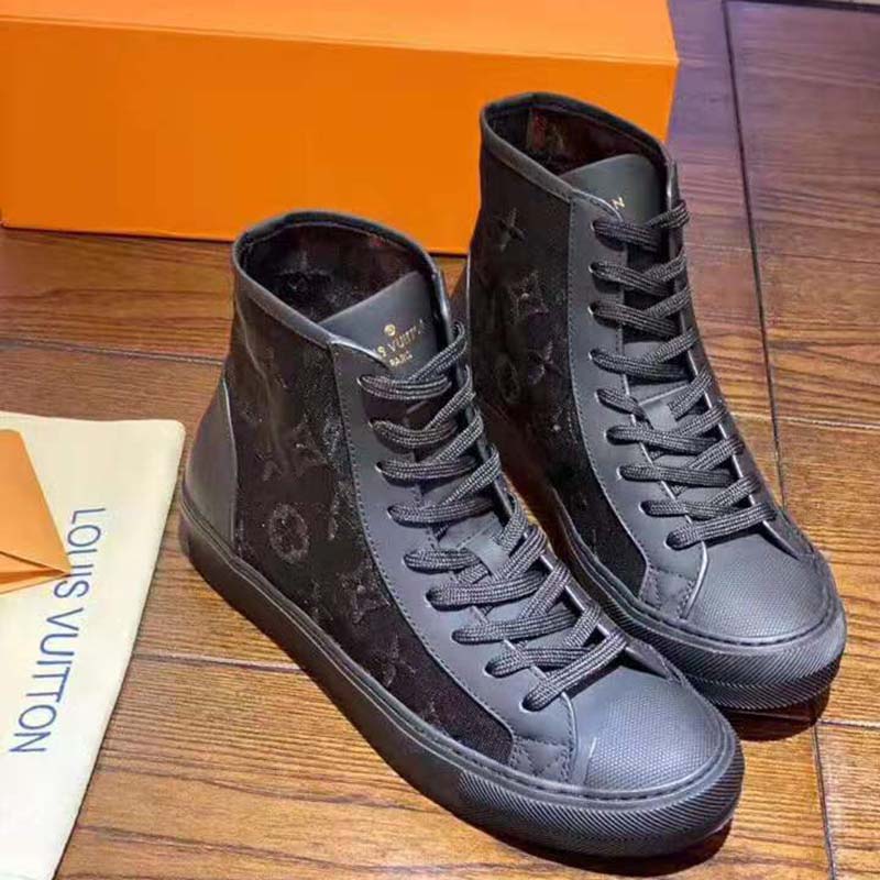 Louis Vuitton LV Unisex Tattoo Sneaker Boot in Damier Tartan Canvas with Monogram Embroidery-Black