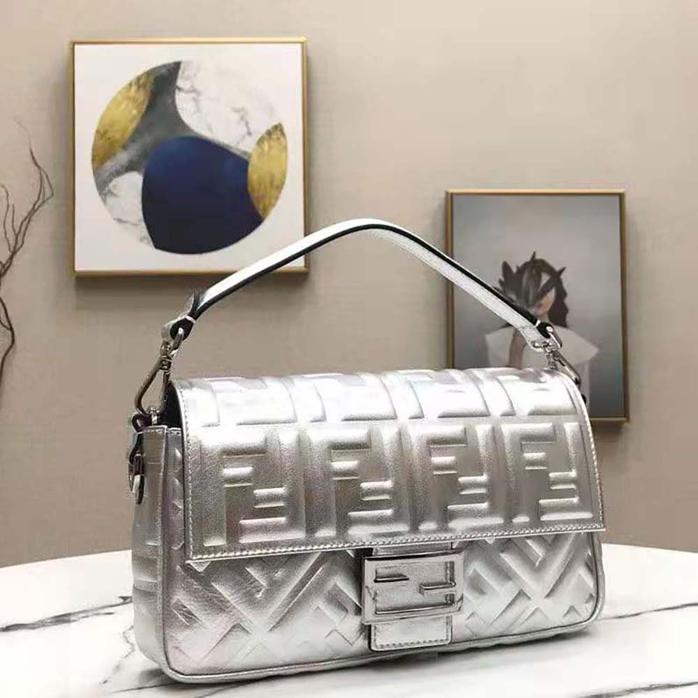Fendi Women Baguette Fendi Prints On Leather Bag-Silver