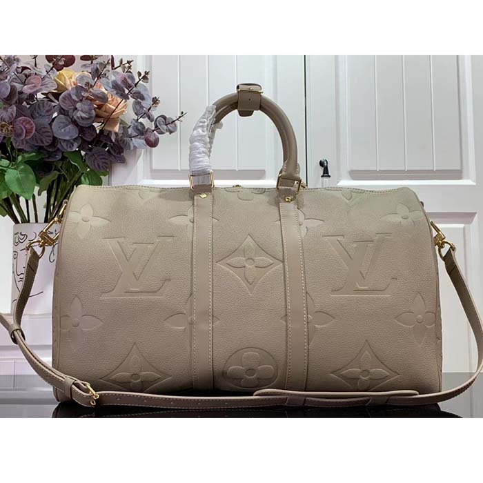 Louis Vuitton LV Unisex Keepall Bandoulière 45 Bag Tourterelle Monogram Empreinte Giant Cowhide Leather