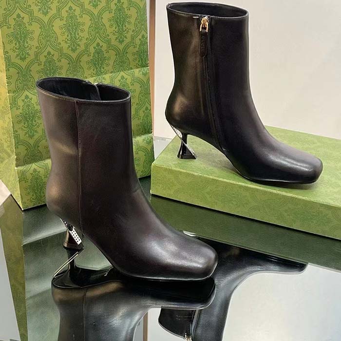 Gucci Women GG Ankle Boot Black Leather Geometric Heel Metal Inserts High-Heel