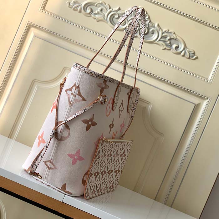 Louis Vuitton LV Unisex Neverfull MM Beige Monogram Coated Canvas Textile Lining