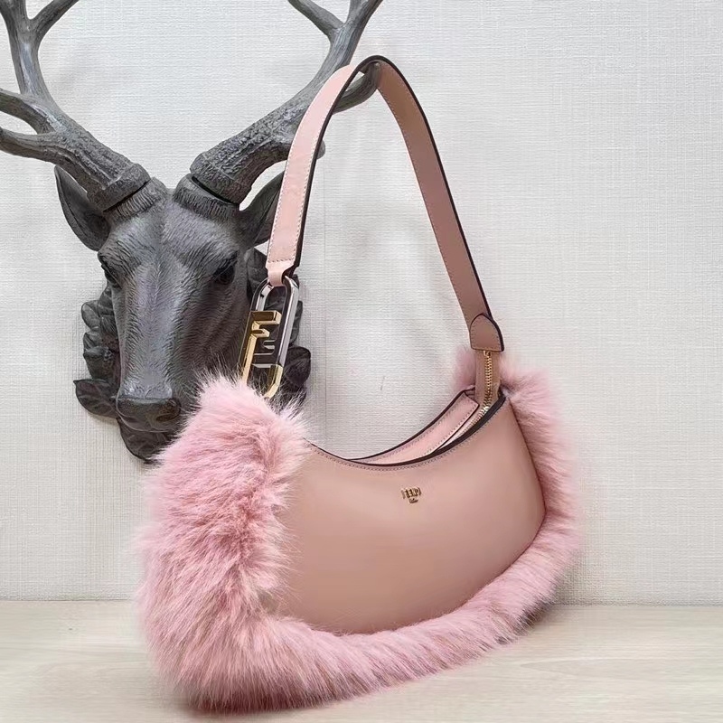 Fendi Women FF O’Lock Swing Pale Pink Leather Fox Fur Pouch