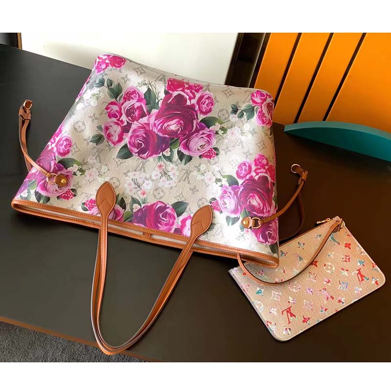 Louis Vuitton LV Women Neverfull MM Tote Bag Silver Coated Canvas Cowhide Leather