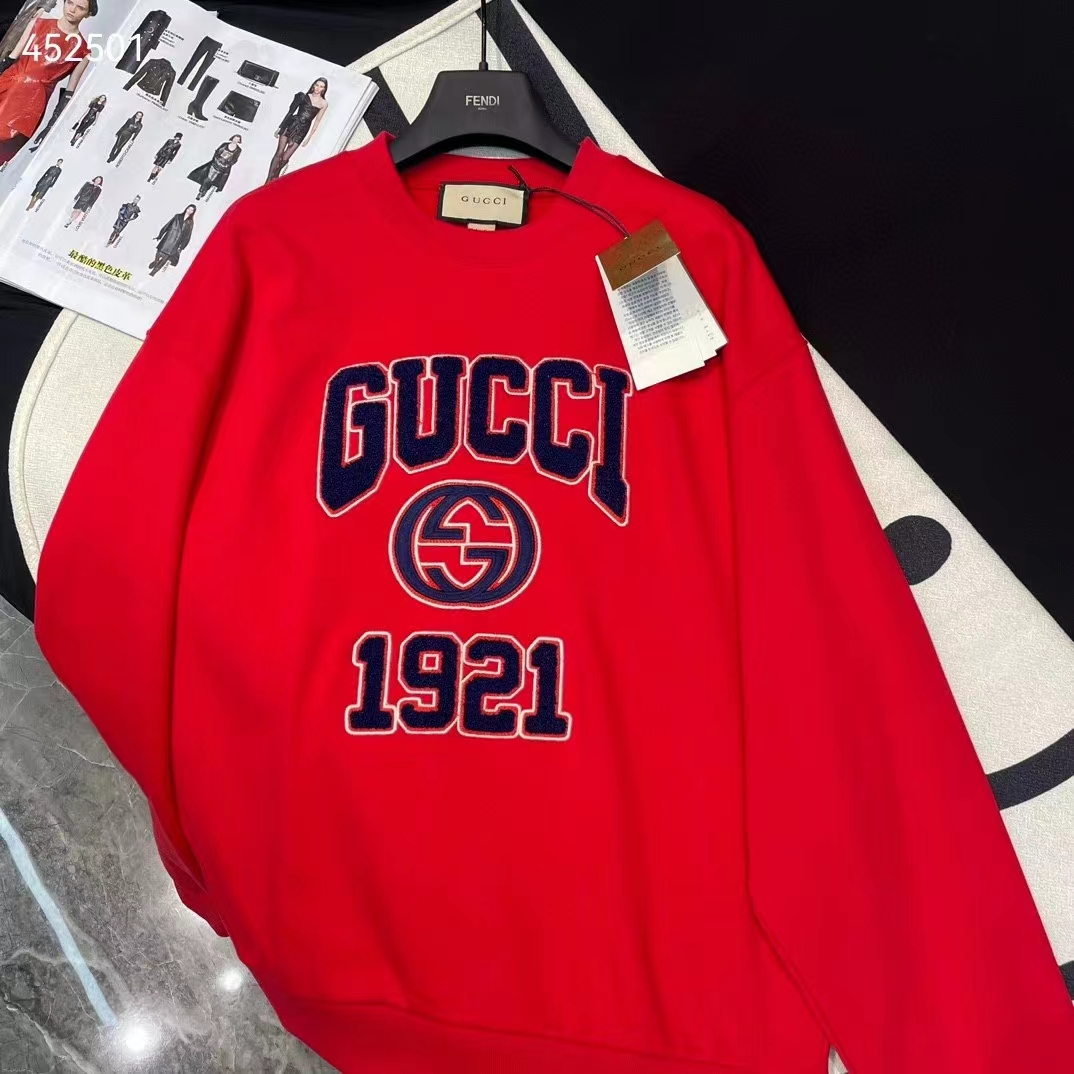 Gucci Women GG Cotton Jersey Sweatshirt 1921 Embroidery Red Crewneck Dropped Shoulder Style ‎768530 XJF3O 6429