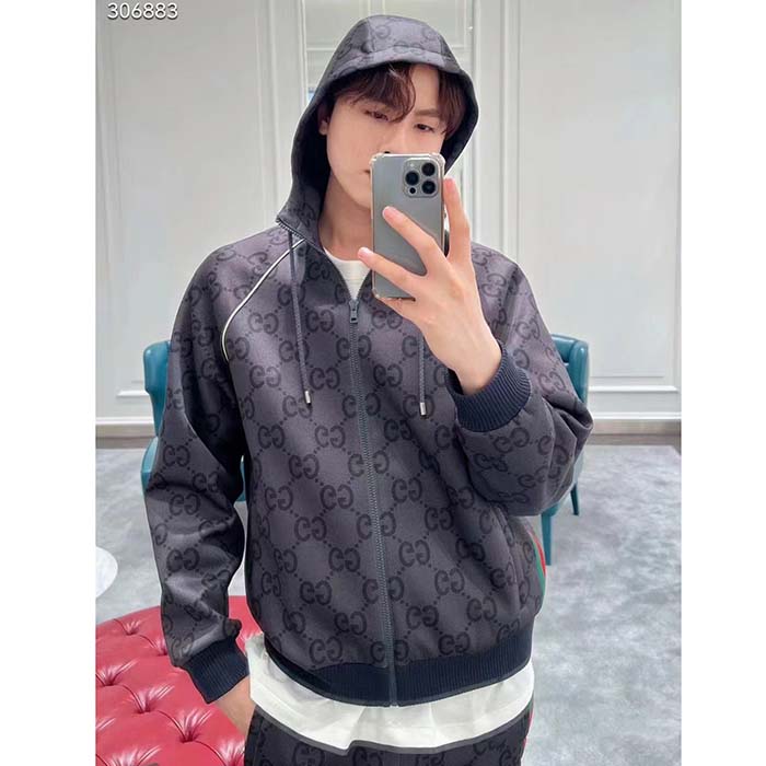 Gucci Men GG Jumbo GG Zip Jacket Web Dark Grey Neoprene Canvas Raglan Sleeves