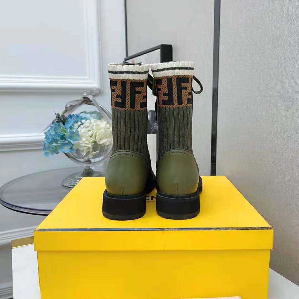 Fendi Women Rockoko Green Leather Biker Boots with Stretch Fabric