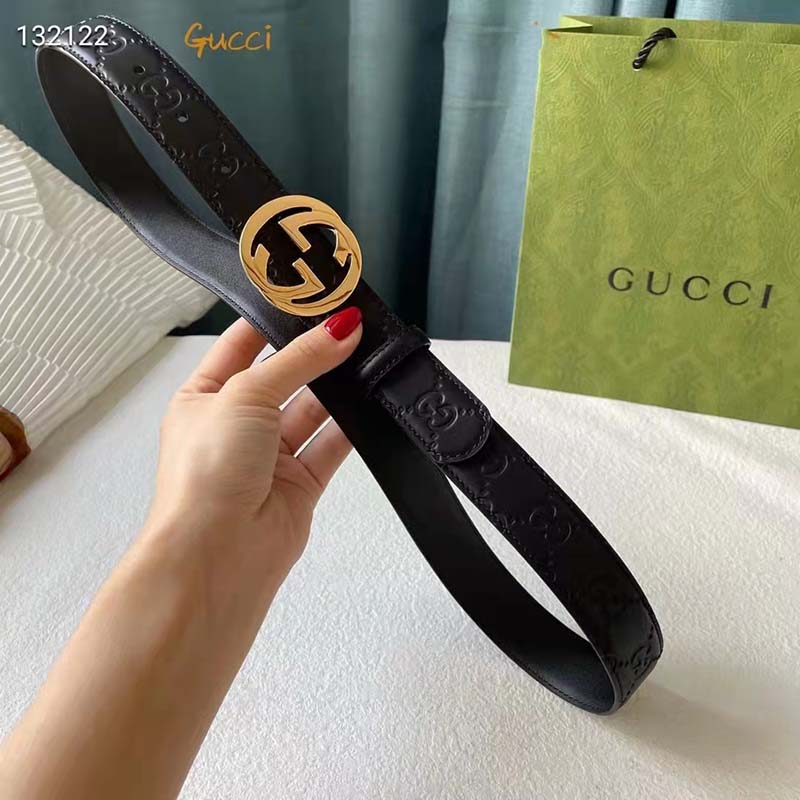 Gucci Unisex GG Signature Leather Belt Interlocking G Buckle Gold Hardware 4 cm Width