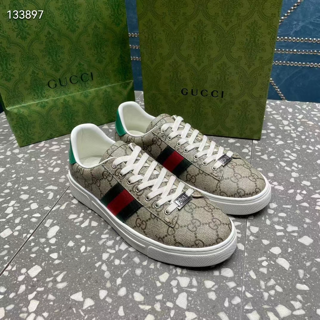 Gucci Unisex GG Ace Sneaker Web Beige Ebony GG Supreme Rubber Low-Heel