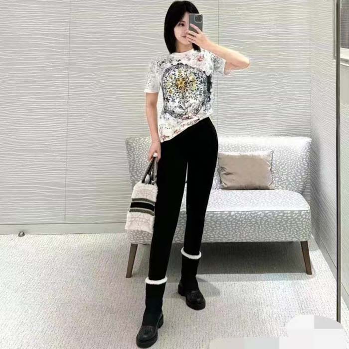 Dior Women CD T-Shirt White Cotton Jersey Multicolor Tarot L’Étoile Motif