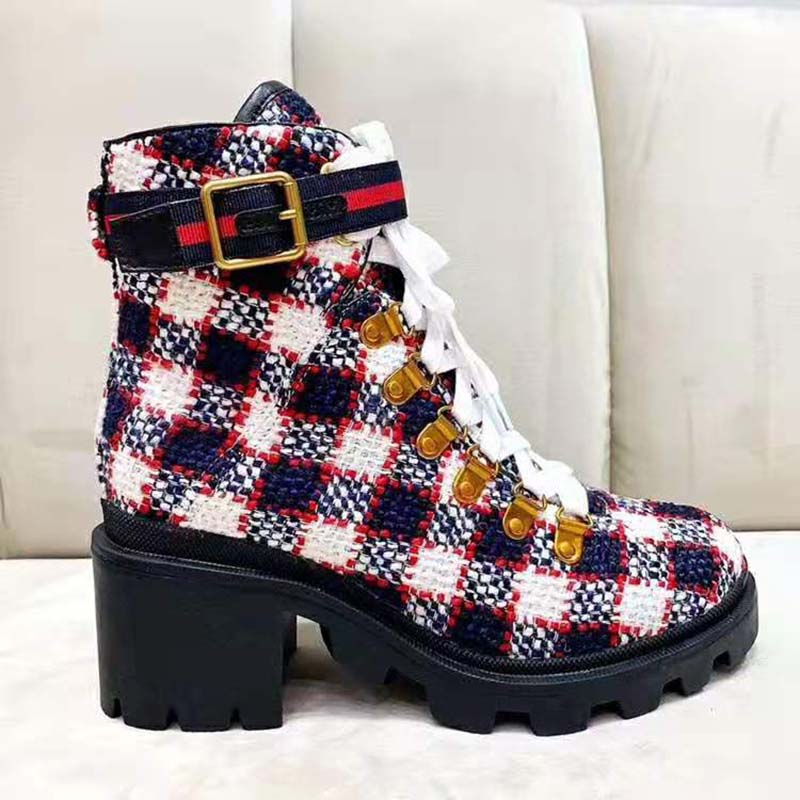Gucci Women Gucci Zumi GG Check Tweed Ankle Boot in Blue White and Red