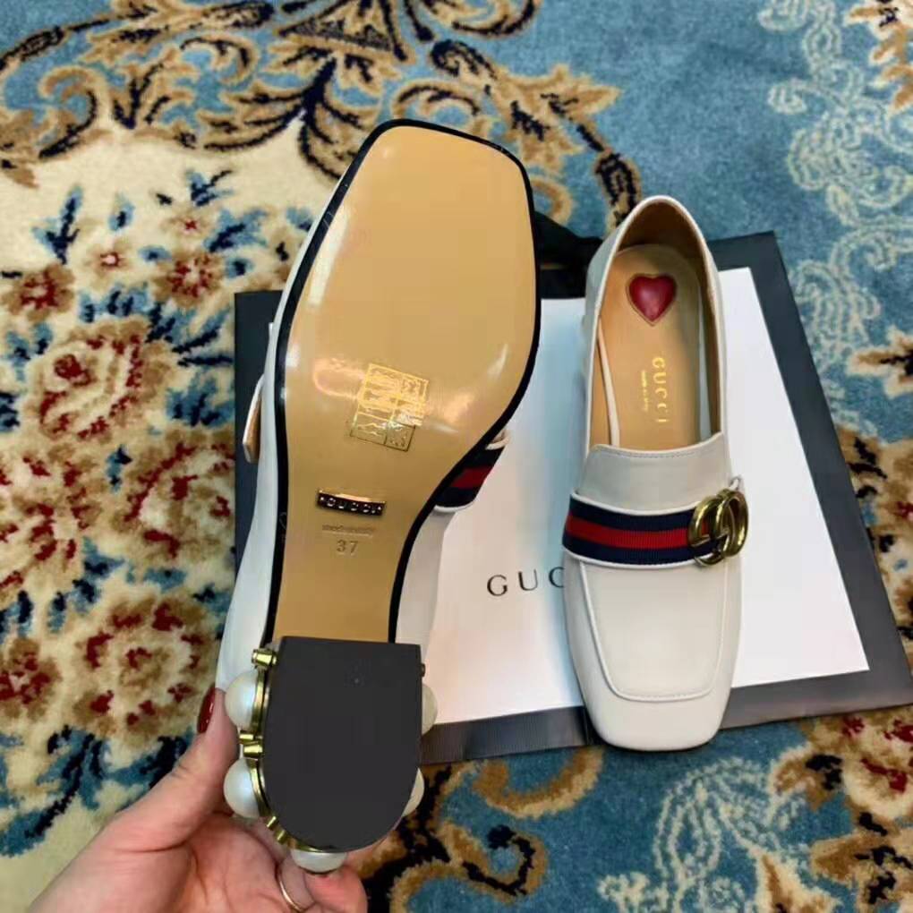 Gucci Women Leather Mid-Heel Loafer 3″ Heel-White