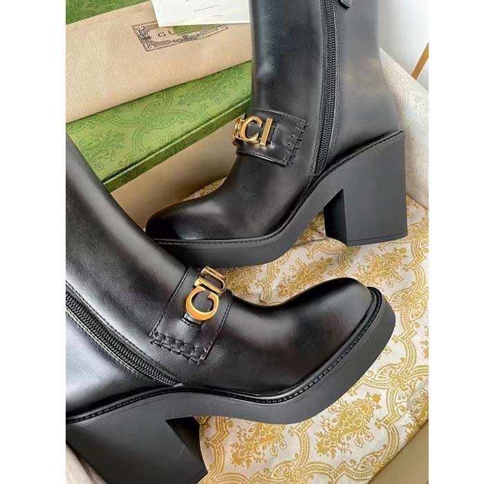 Gucci Women GG Gucci Boot Black Leather Script Rubber Sole Side Zip Closure Mid-Heel