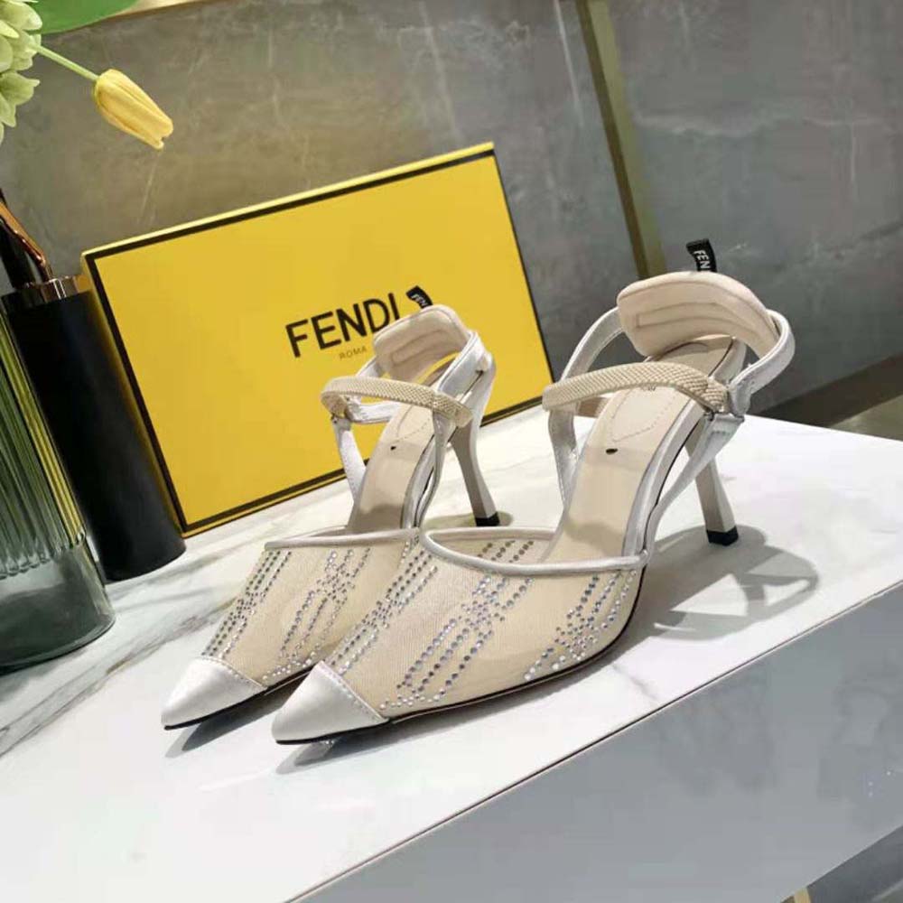 Fendi Women Colibri Pink Mesh High-Heeled Slingbacks with Rhinestone Embroidery