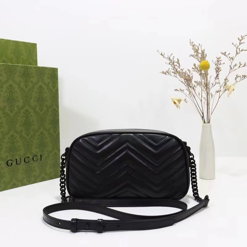 Gucci Women GG Marmont Small Shoulder Bag Black Matelassé Chevron Leather Double G