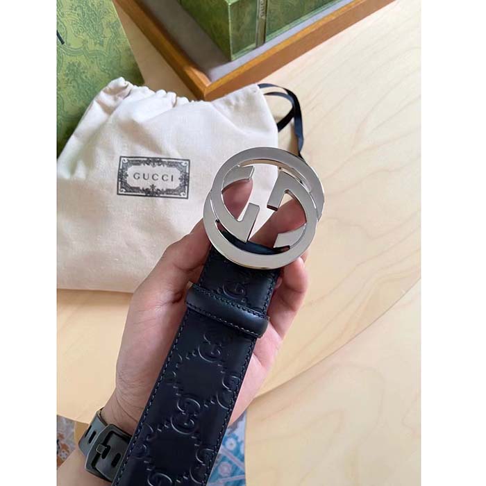 Gucci Unisex GG Signature Leather Belt Black Interlocking G Buckle 3.8 CM Width