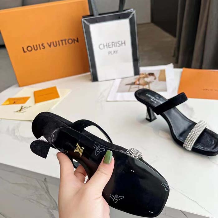 Louis Vuitton LV Women Sparkle Sandal Black Satin Strass Leather 9.5 Cm Heel