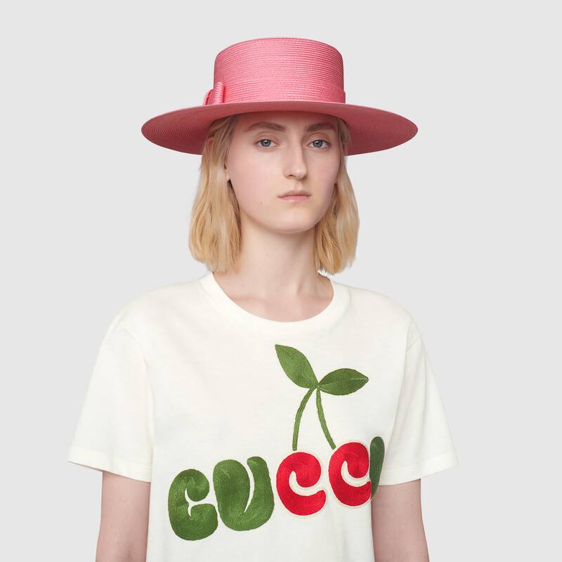 Gucci Women Gucci Cherry Print Cotton T-Shirt Jersey Crewneck Cropped Fit-White