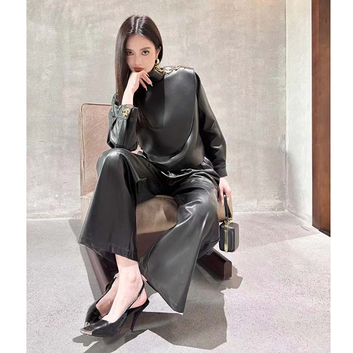 Louis Vuitton LV Women Faux Leather Circle Top PU Polyester Elastane Black Regular Fit