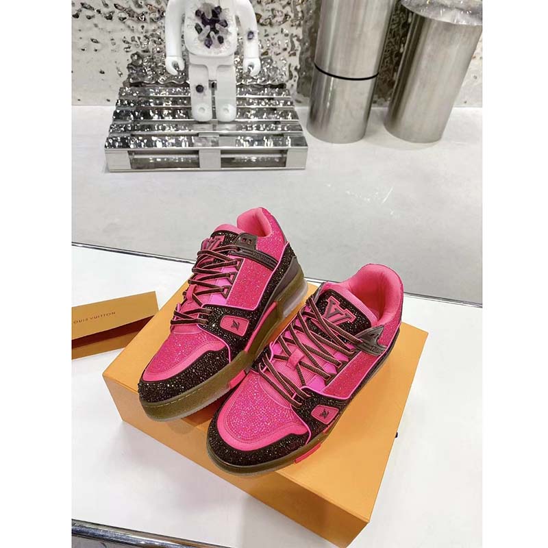 Louis Vuitton LV Unisex Trainer Sneaker Pink Strass Rubber Initials Monogram Flowers