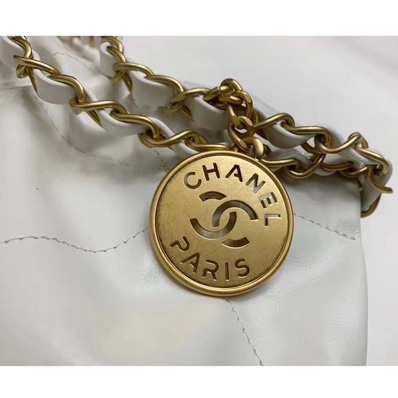 Chanel Women 22 Large Handbag Calfskin Gold-Tone Lacquered Metal White