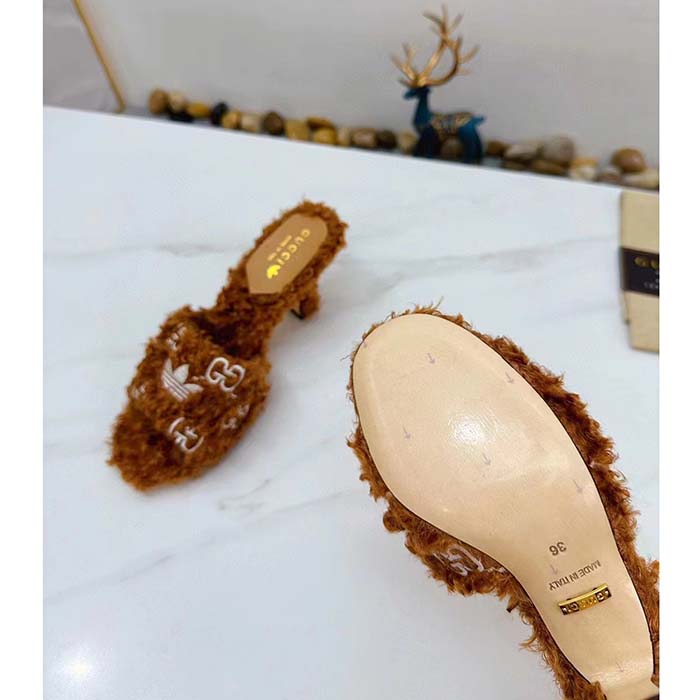 Gucci Women Adidas x Gucci Slide Sandal Brown GG Trefoil Shearling-Effect Fabric