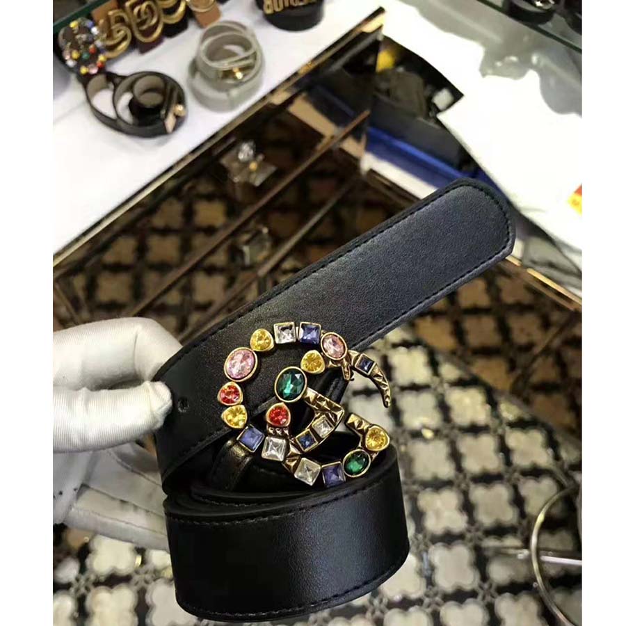 Gucci Women Leather Belt with Crystal Double G Buckle in Black