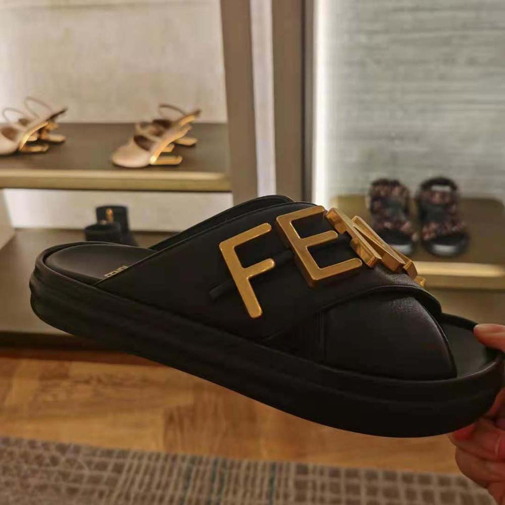 Fendi Women Fendigraphy Black Leather Slides
