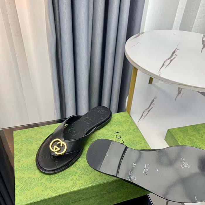 Gucci Unisex GG Interlocking G Thong Sandal Black Leather Flat