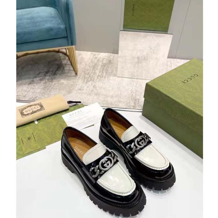 Gucci Unisex GG Loafer Interlocking G Black Off White Leather Rubber Lug Mid 4.3 CM Heel