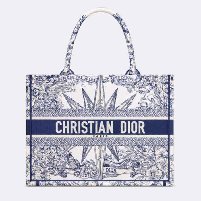 Dior Unisex CD Medium Book Tote White Blue Rêve D’Infini Embroidery