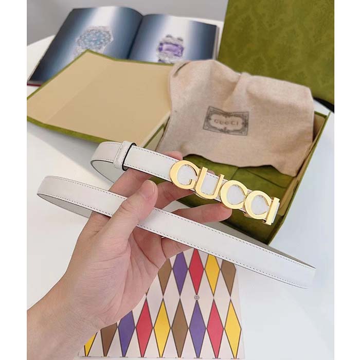 Gucci Unisex Buckle Thin Belt White Leather Gold-Toned Hardware 2 CM Width