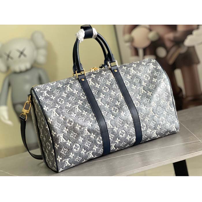 Louis Vuitton LV Unisex Keepall Bandoulière 45 Blue Monoglam Coated Canvas Cowhide Leather