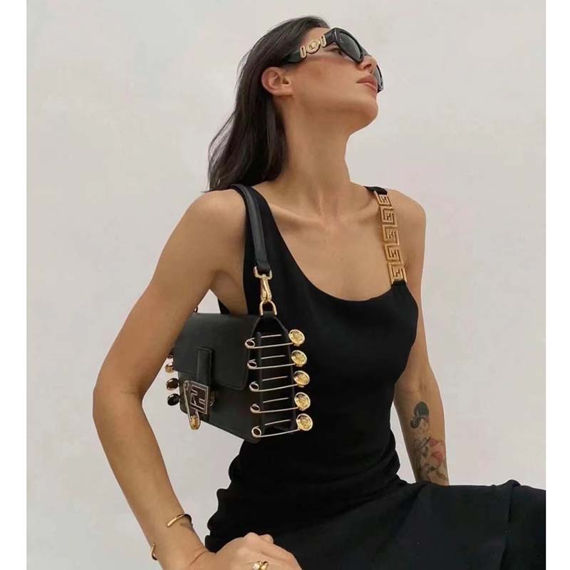 Fendi Women FF Baguette Brooch Fendace Black Leather Bag